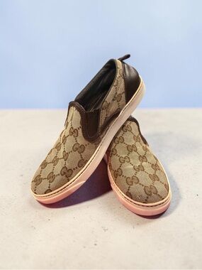 Gucci Women’s Beige & Brown GG Canvas Slip-On Sneakers